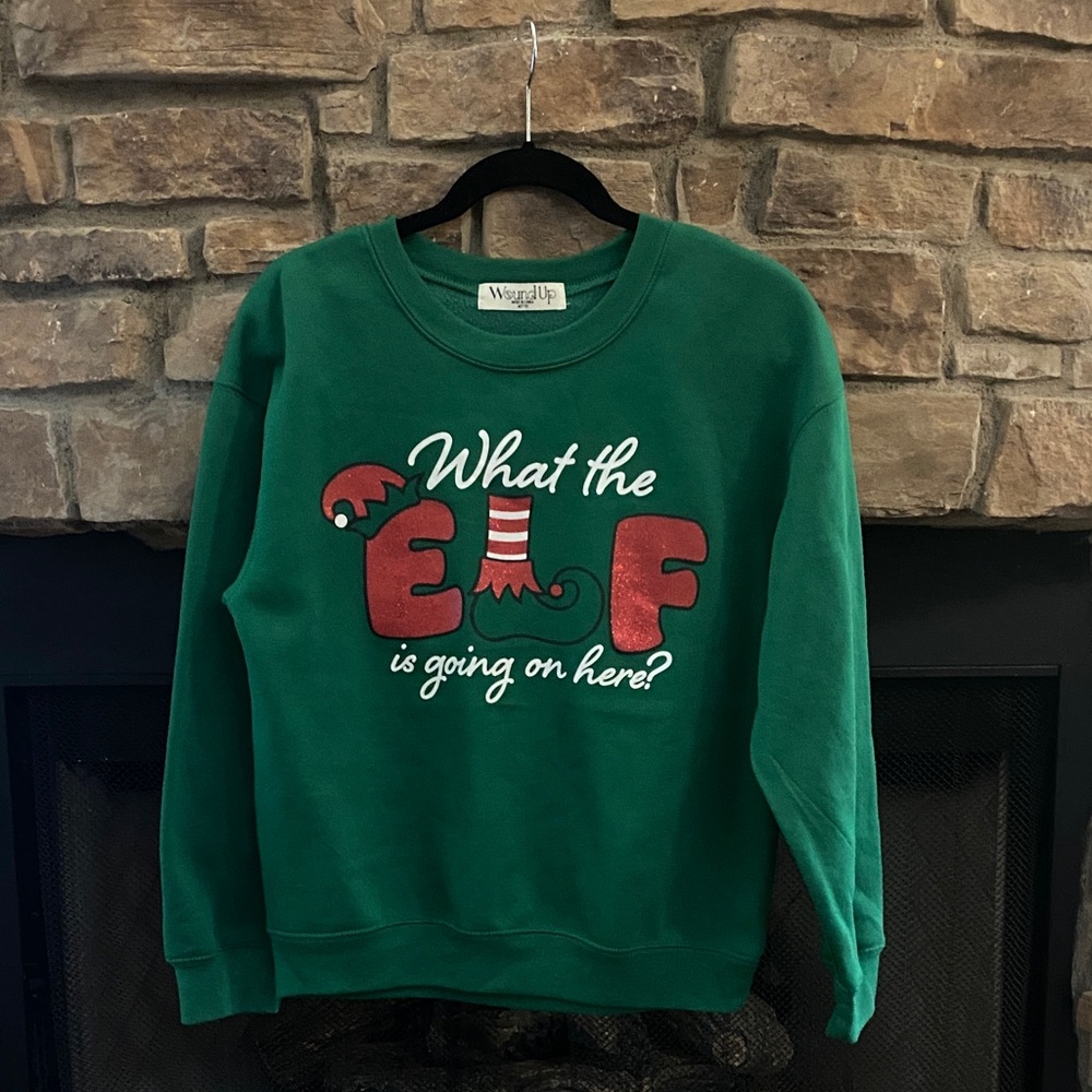 Green and red sparkly Christmas Elf Sweatshirt. Size Medium